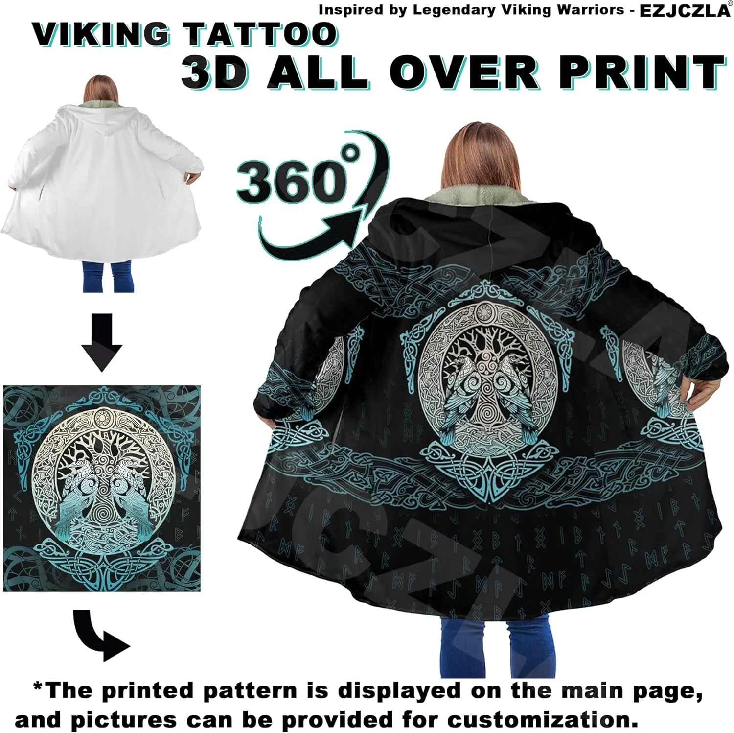 Viking Tattoo 3D Printed Cloaks Winter Coats with Hood for Men, Norse Mythology Novelty Fleece Lining Thick Parka Jacket