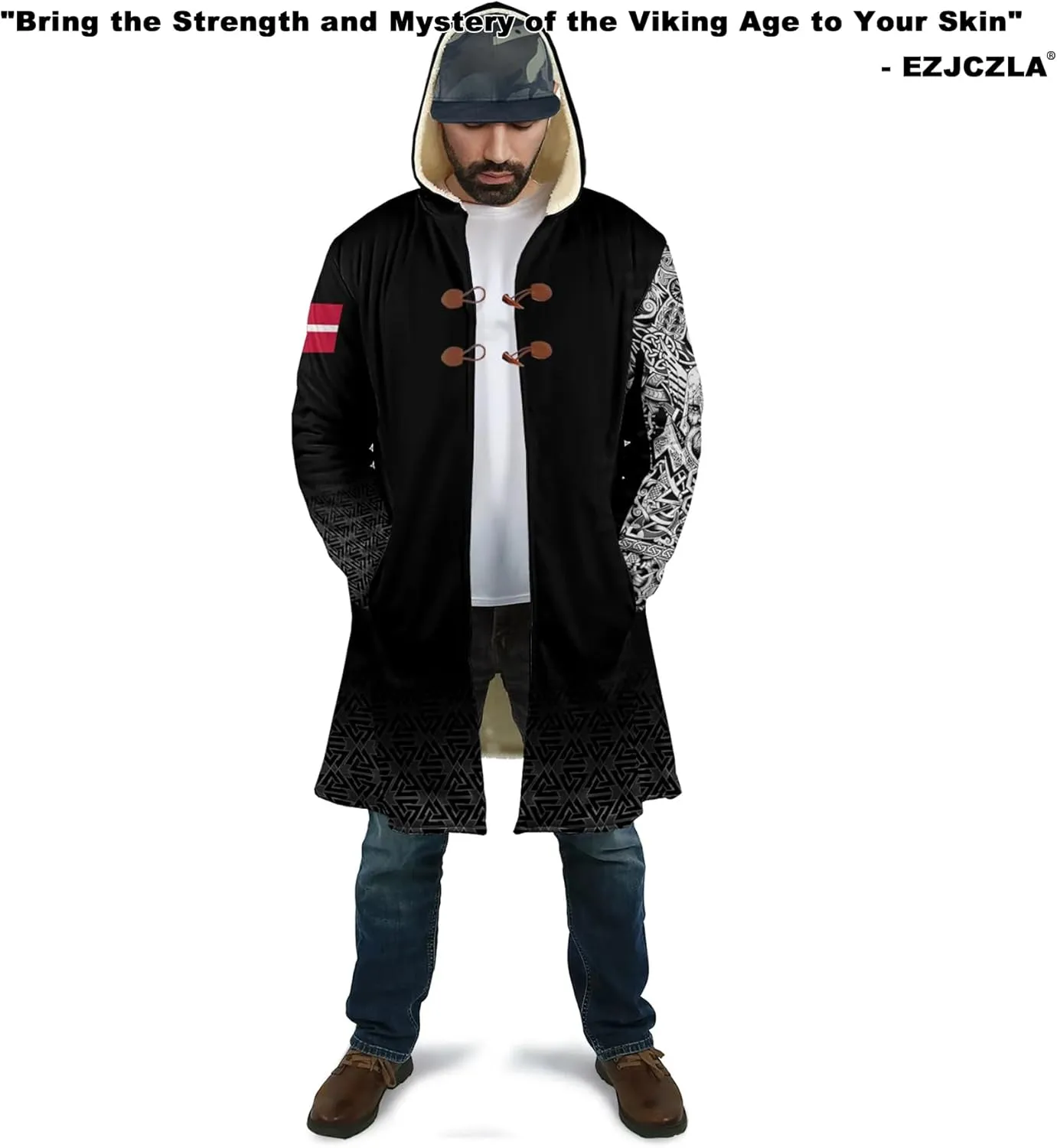 Viking Tattoo 3D Printed Cloaks Winter Coats with Hood for Men, Norse Mythology Novelty Fleece Lining Thick Parka Jacket