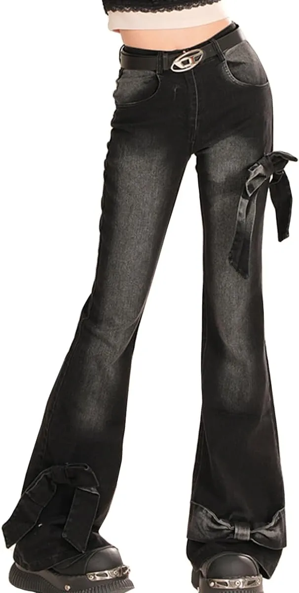 Vintage Y2K High Waisted Jeans Casual Fashion Gradual Bow Tie Patchwork Design Slim Flared Denim Pants
