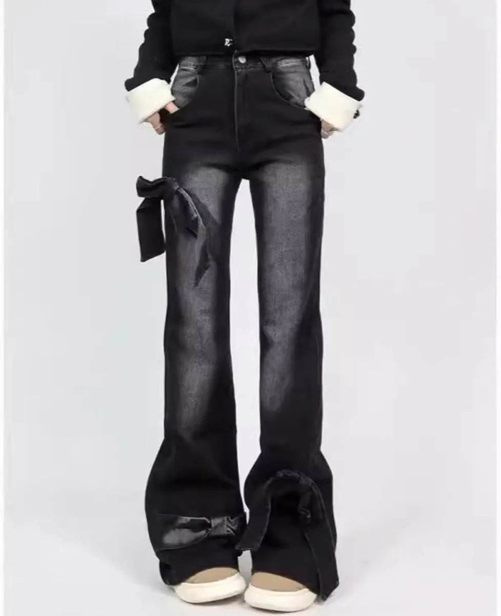 Vintage Y2K High Waisted Jeans Casual Fashion Gradual Bow Tie Patchwork Design Slim Flared Denim Pants