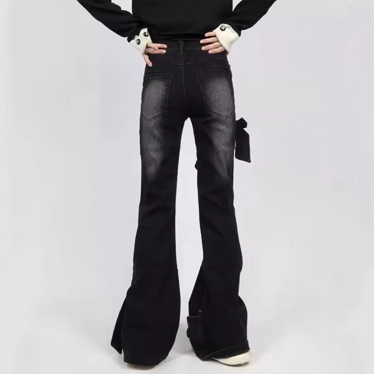 Vintage Y2K High Waisted Jeans Casual Fashion Gradual Bow Tie Patchwork Design Slim Flared Denim Pants