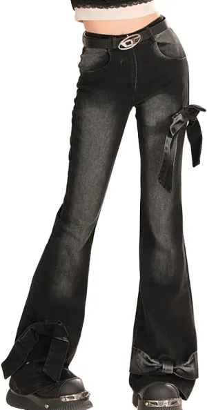 Vintage Y2K High Waisted Jeans Casual Fashion Gradual Bow Tie Patchwork Design Slim Flared Denim Pants