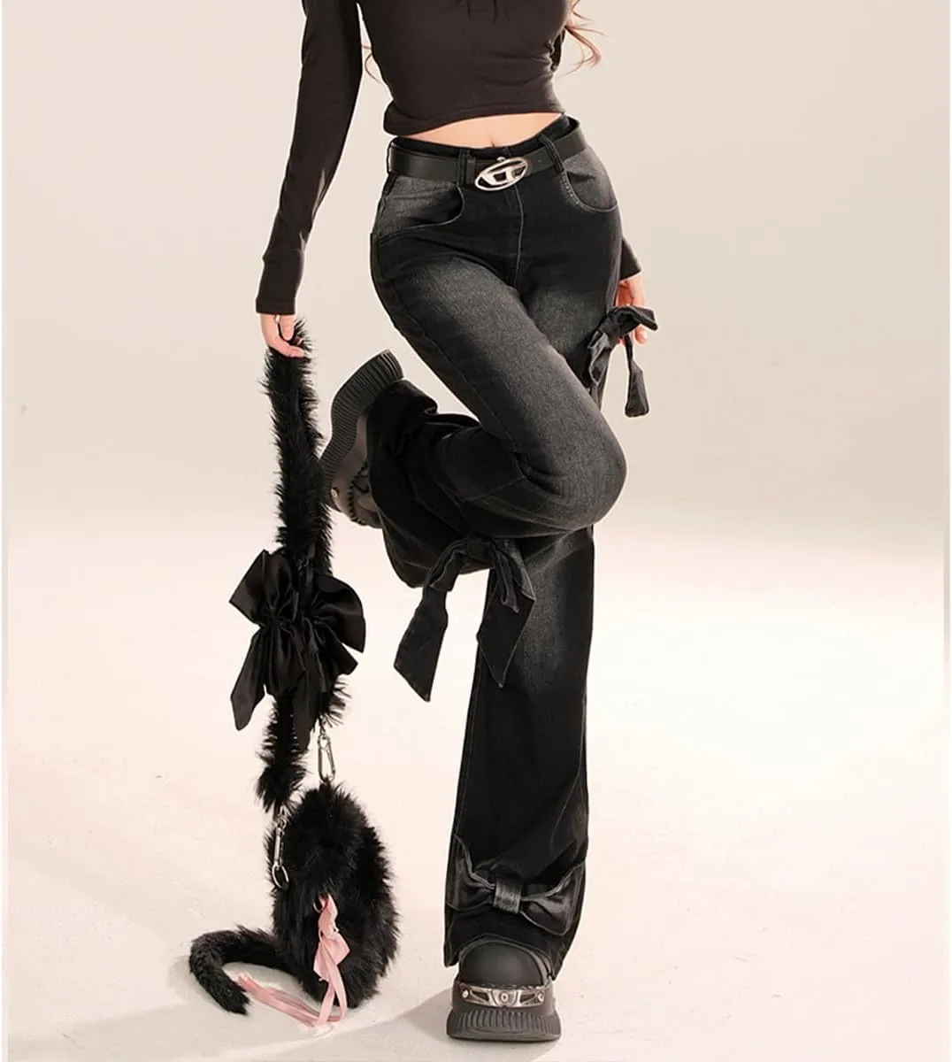 Vintage Y2K High Waisted Jeans Casual Fashion Gradual Bow Tie Patchwork Design Slim Flared Denim Pants