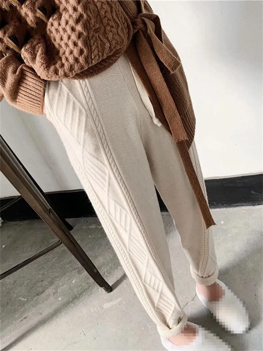 Vogrtcc Winter Thicken Women Harem Pants Casual Drawstring Twisted Knitted Pants Femme Chic Warm Female Sweater Trousers 2022