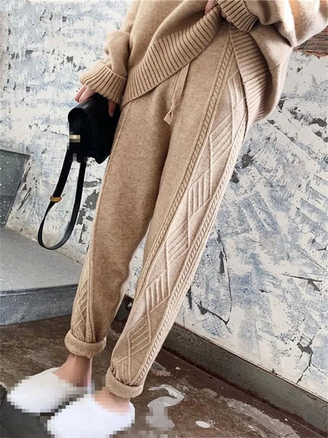 Vogrtcc Winter Thicken Women Harem Pants Casual Drawstring Twisted Knitted Pants Femme Chic Warm Female Sweater Trousers 2022