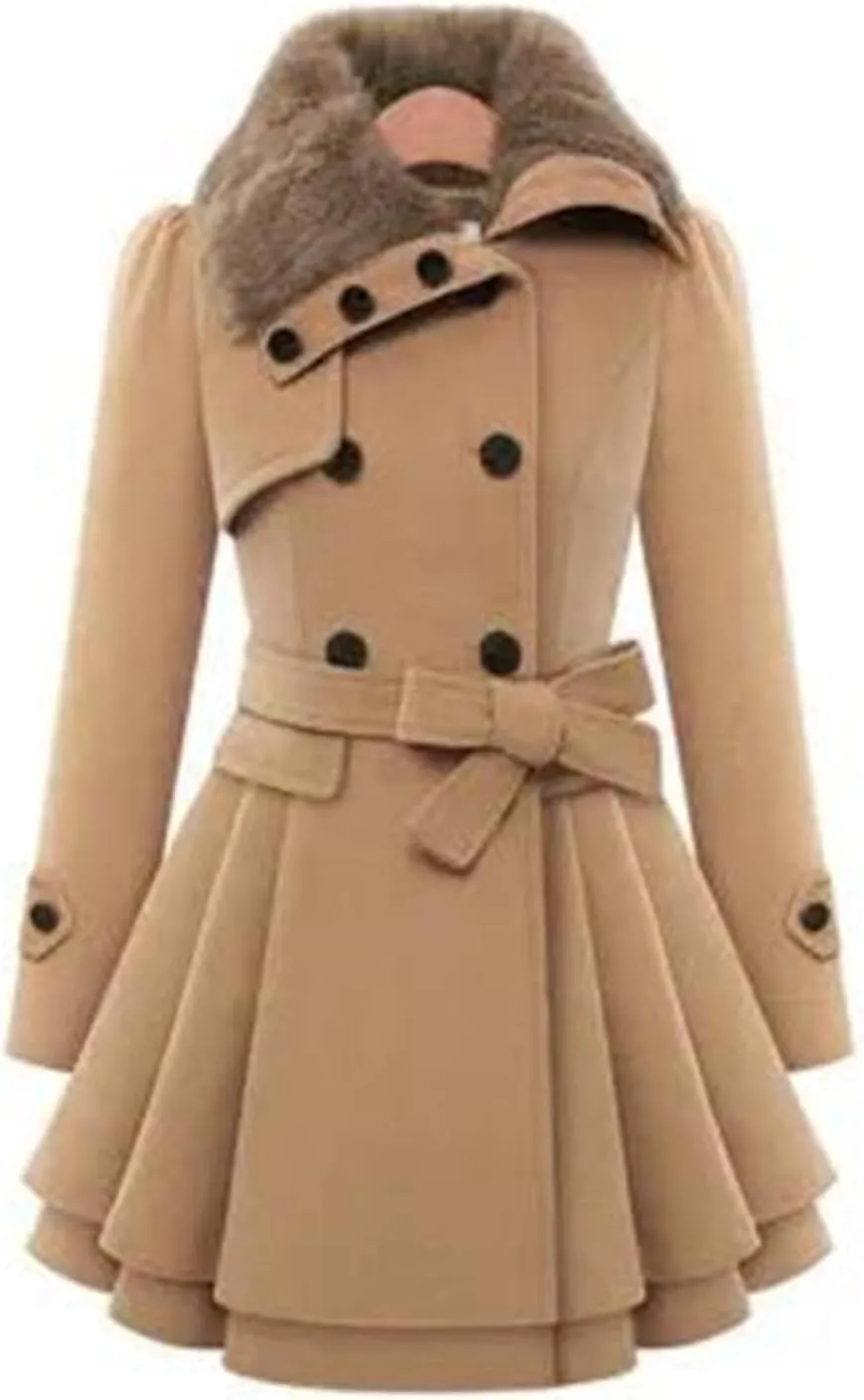 Vogrtcc Women's Winter Slim Long Wool Double Breasted Trench Coat