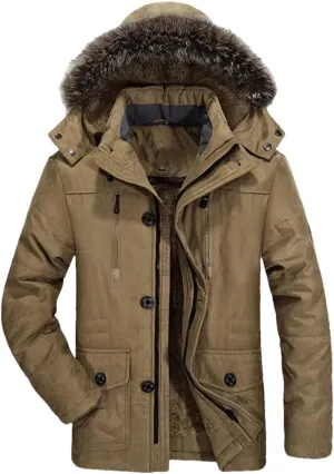 Vsadsau Men Thick Warm Coat Hooded Padded Cotton Coat Long Outdoor Jakcket Wool Liner Thicken Parkas