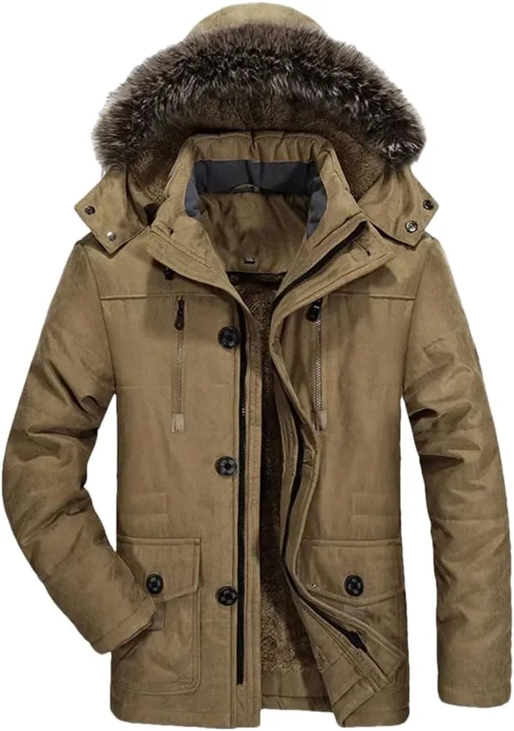 Vsadsau Men Thick Warm Coat Hooded Padded Cotton Coat Long Outdoor Jakcket Wool Liner Thicken Parkas