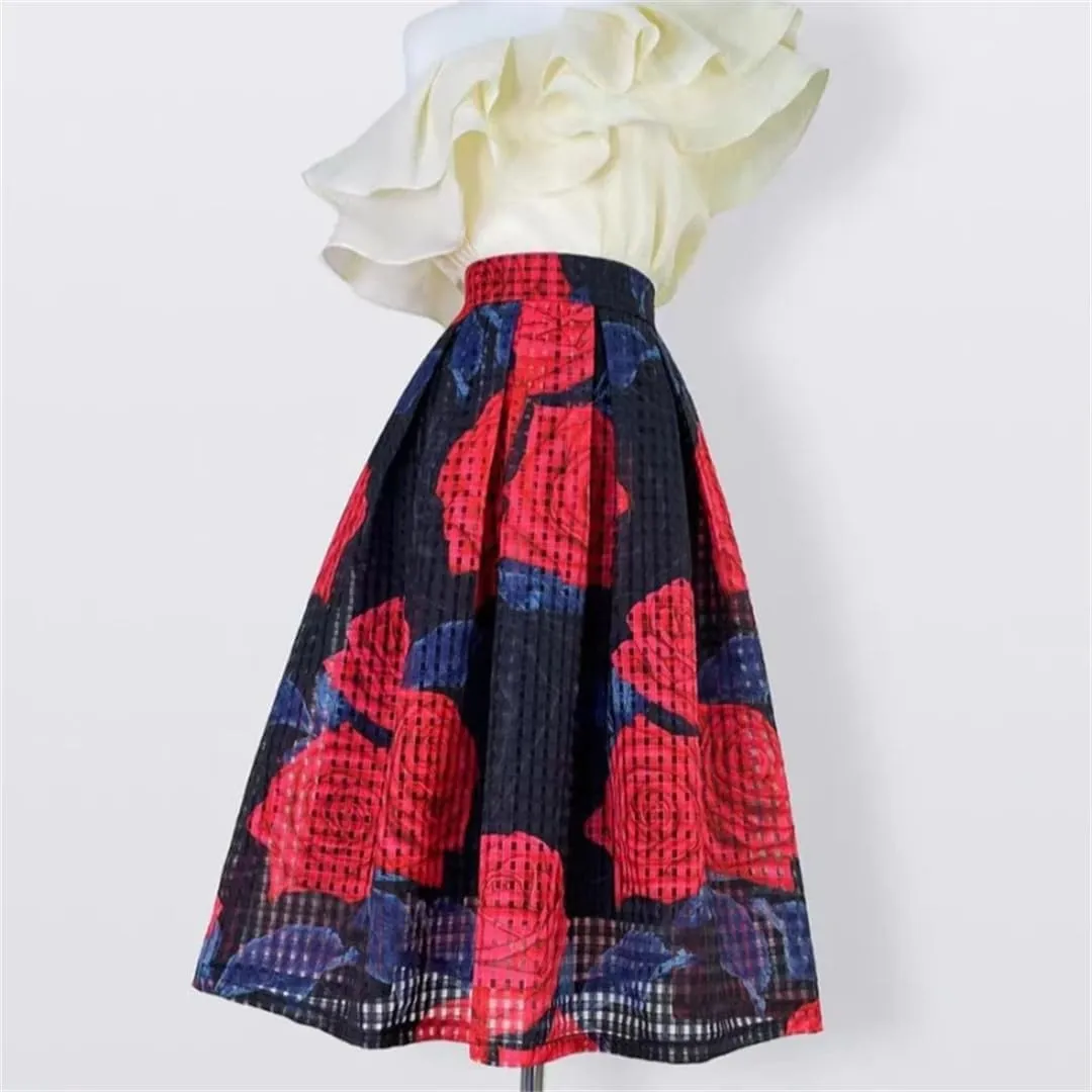 Vsadsau Women Elegant High Waist Skirt Long Pleated Midi Skirt Aesthetic Red Floral Embroidery Skirt