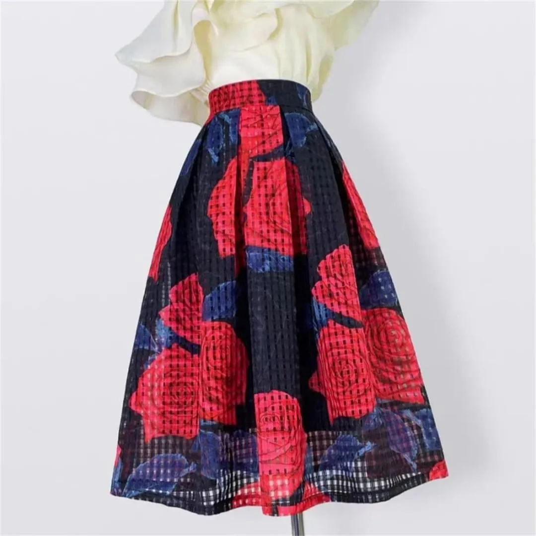 Vsadsau Women Elegant High Waist Skirt Long Pleated Midi Skirt Aesthetic Red Floral Embroidery Skirt