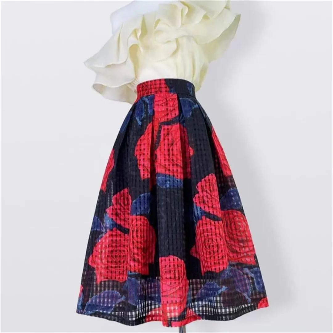 Vsadsau Women Elegant High Waist Skirt Long Pleated Midi Skirt Aesthetic Red Floral Embroidery Skirt