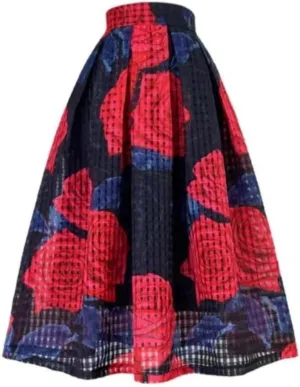 Vsadsau Women Elegant High Waist Skirt Long Pleated Midi Skirt Aesthetic Red Floral Embroidery Skirt