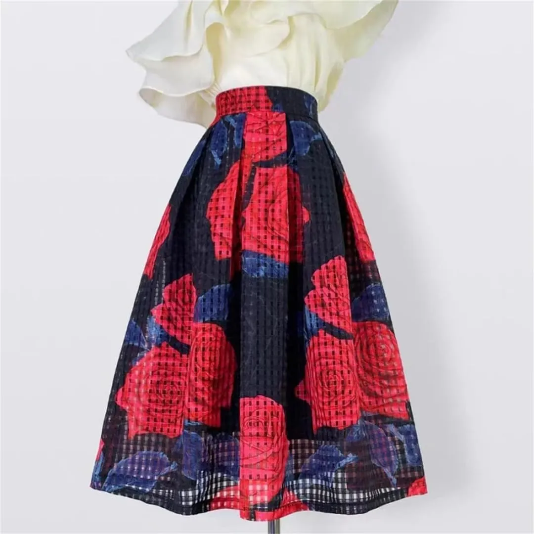 Vsadsau Women Elegant High Waist Skirt Long Pleated Midi Skirt Aesthetic Red Floral Embroidery Skirt