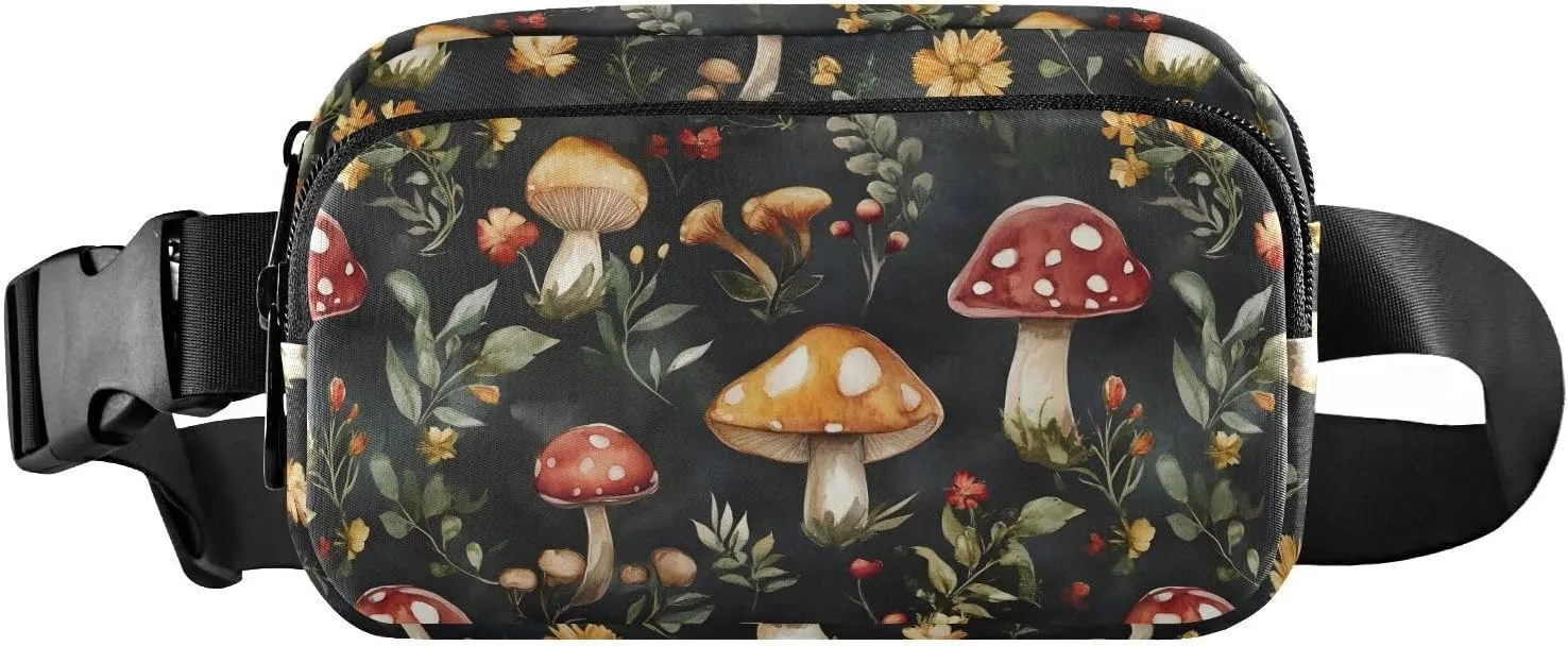 Watercolor Mushroom Fanny Pack Water Resistant, Women Men Waist Pack Sling Bag Purse for Travel Hiking