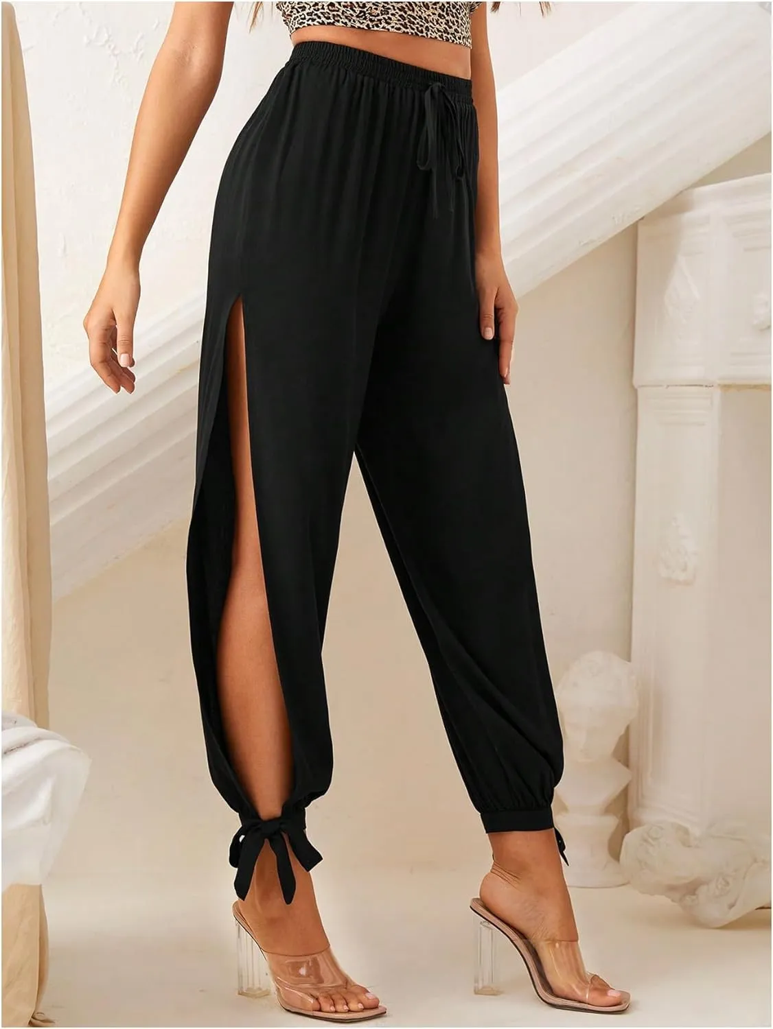 WDIRARA Women's High Waisted Slit Harem Pants Bow Tie Drawstring Cropped Trousers