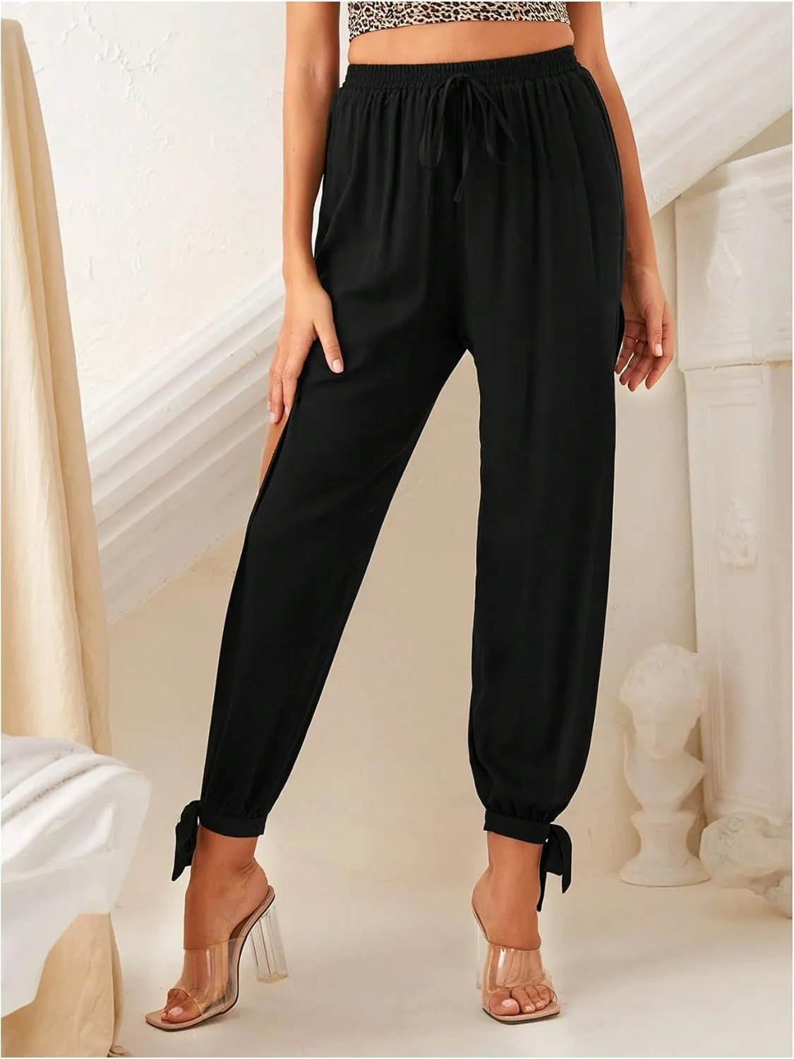 WDIRARA Women's High Waisted Slit Harem Pants Bow Tie Drawstring Cropped Trousers