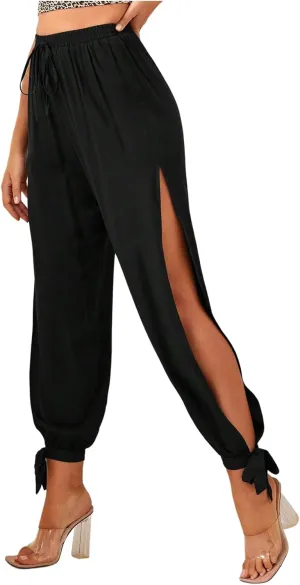 WDIRARA Women's High Waisted Slit Harem Pants Bow Tie Drawstring Cropped Trousers
