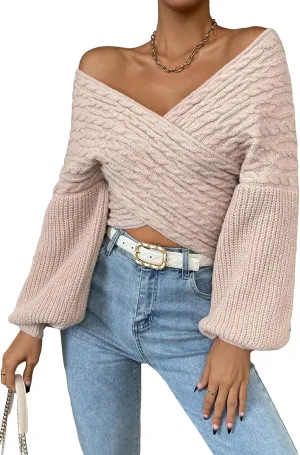 WDIRARA Women's Textured Crossover V Neck Sweater Long Sleeve Drop Shoulder Casual Pullover Tops