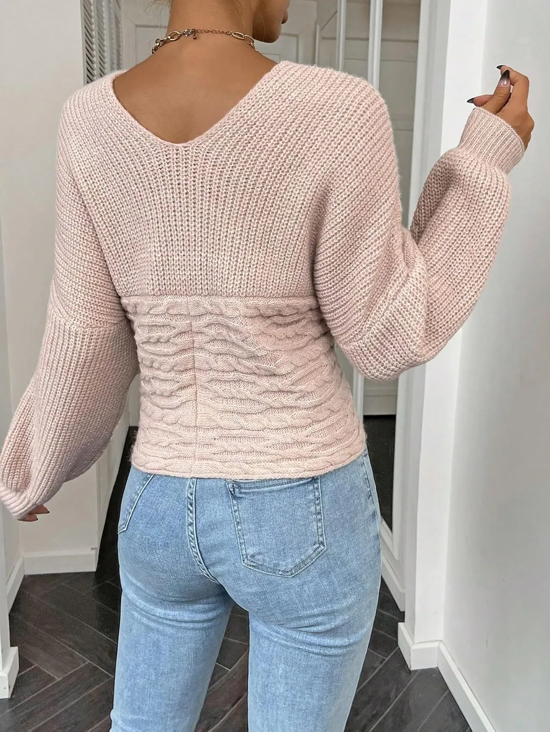 WDIRARA Women's Textured Crossover V Neck Sweater Long Sleeve Drop Shoulder Casual Pullover Tops