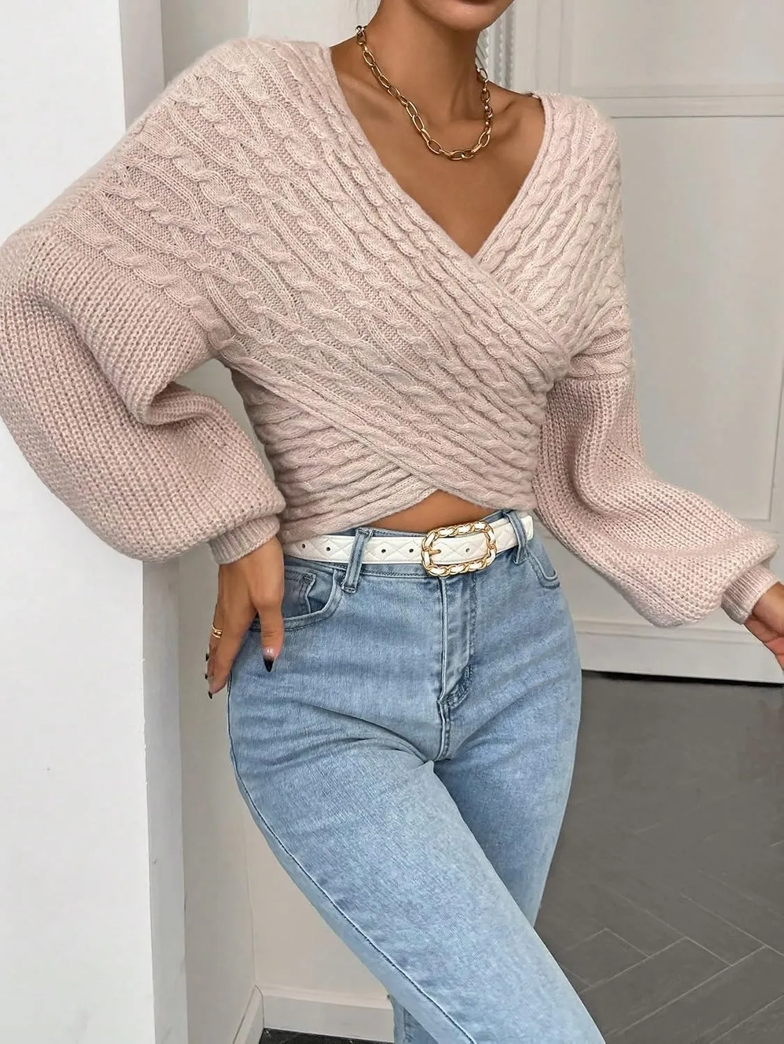 WDIRARA Women's Textured Crossover V Neck Sweater Long Sleeve Drop Shoulder Casual Pullover Tops