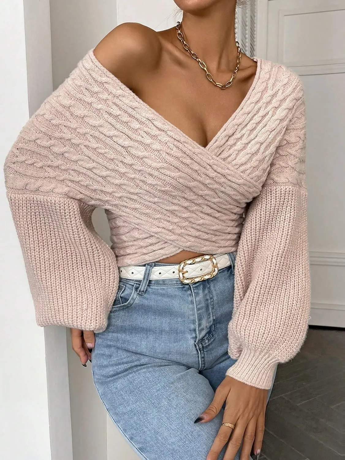 WDIRARA Women's Textured Crossover V Neck Sweater Long Sleeve Drop Shoulder Casual Pullover Tops
