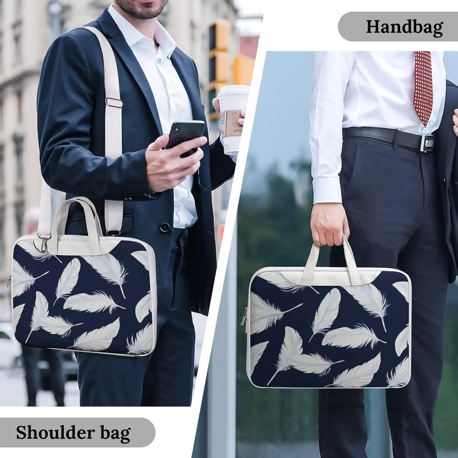 White Feathers Leather Bag Laptop Case Slim Water Resistant Computer Bags with Handle Briefcase for Work