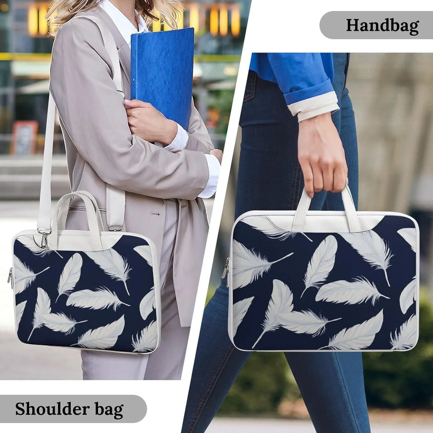 White Feathers Leather Bag Laptop Case Slim Water Resistant Computer Bags with Handle Briefcase for Work