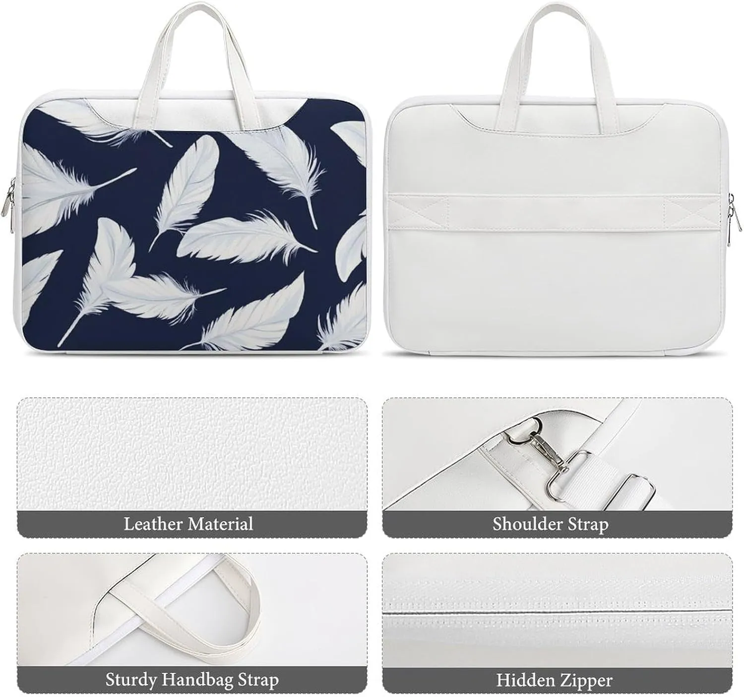 White Feathers Leather Bag Laptop Case Slim Water Resistant Computer Bags with Handle Briefcase for Work