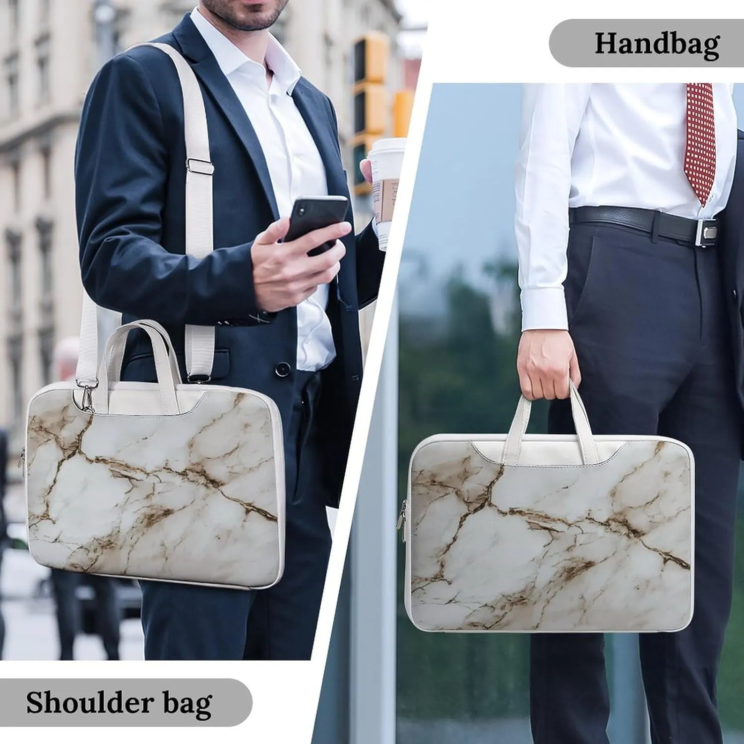 White Marble Leather Bag Laptop Case Slim Water Resistant Computer Bags with Handle Briefcase for Work