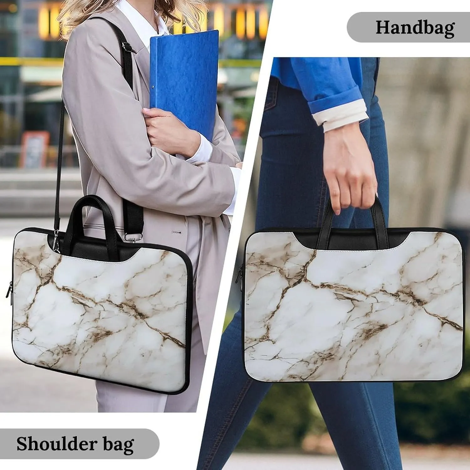 White Marble Leather Bag Laptop Case Slim Water Resistant Computer Bags with Handle Briefcase for Work