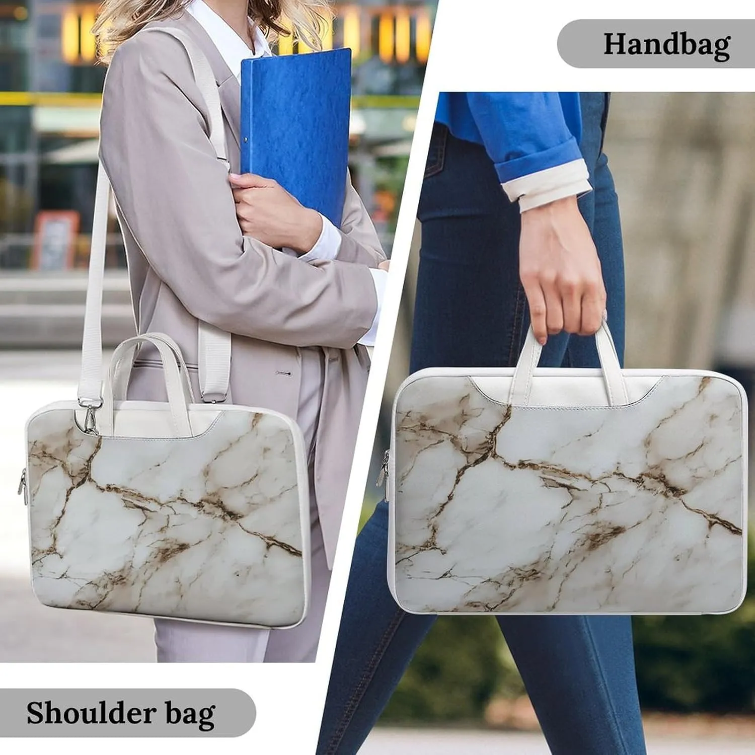 White Marble Leather Bag Laptop Case Slim Water Resistant Computer Bags with Handle Briefcase for Work
