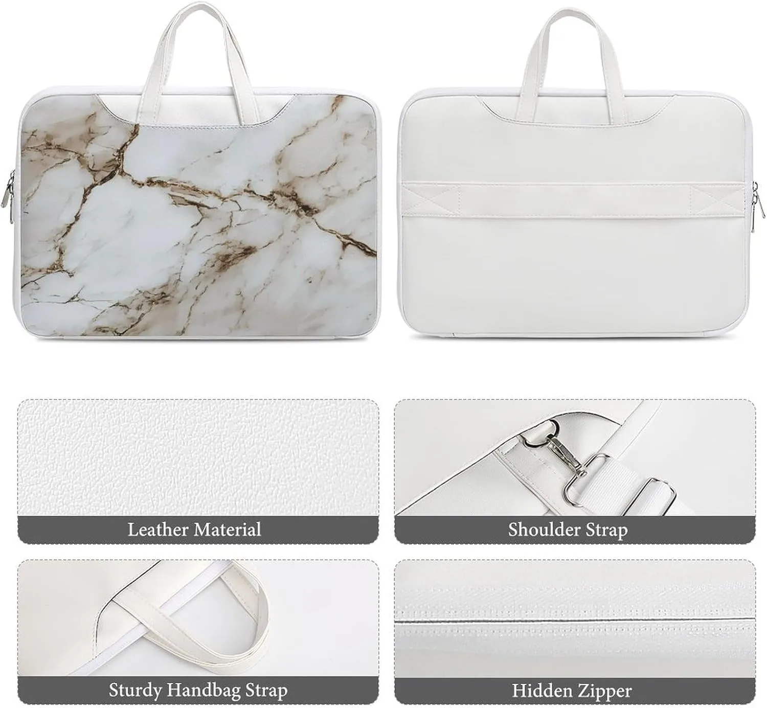 White Marble Leather Bag Laptop Case Slim Water Resistant Computer Bags with Handle Briefcase for Work