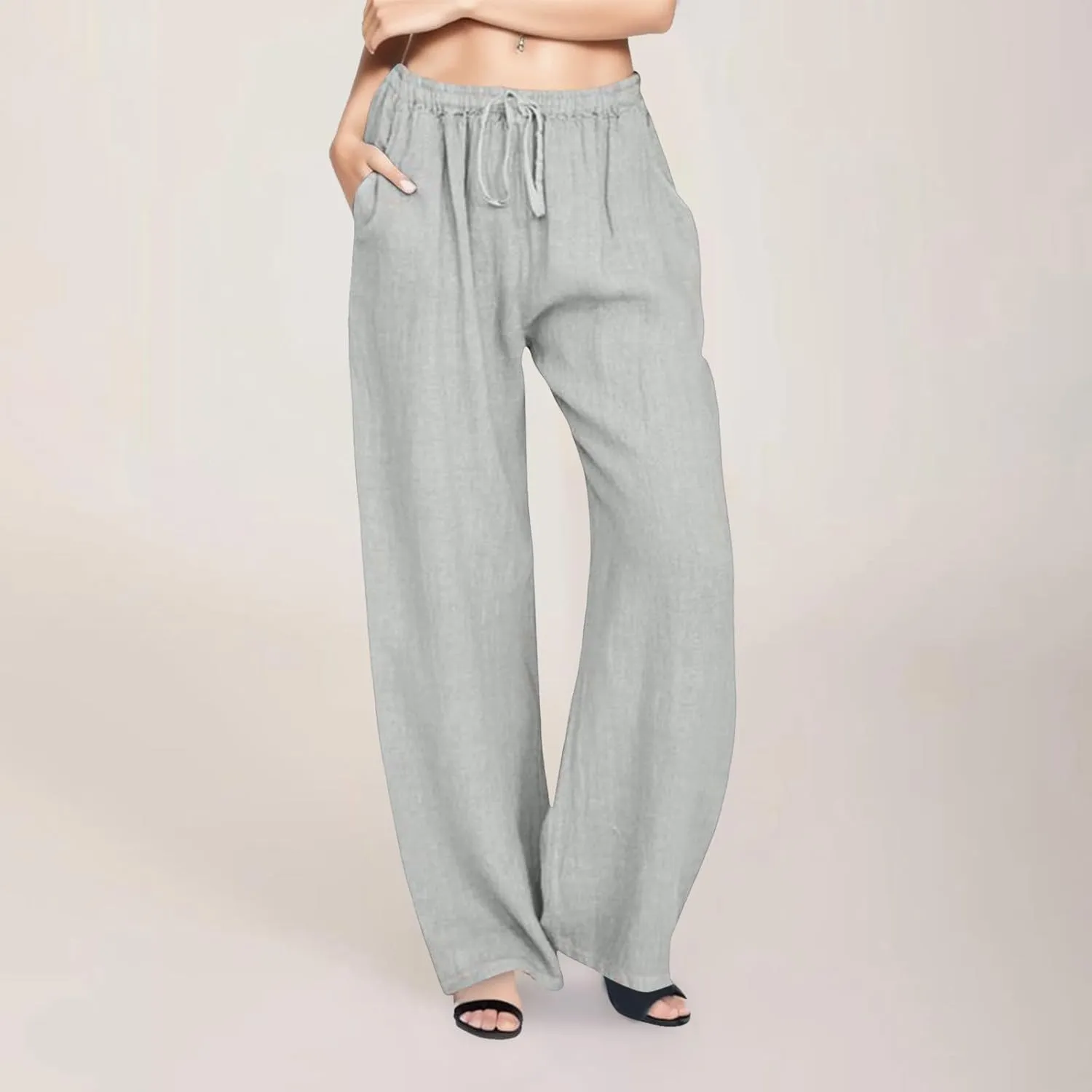 Wide Leg Linen Pants Women 2025 Summer Casual Beach Vacation Pants Lightweight Plus Size Lounge Trousers with Pockets