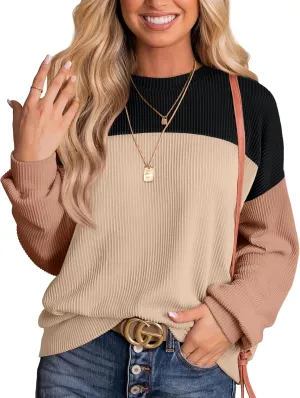 WIHOLL Womens Fall Fashion 2024 Color Block Long Sleeve Crewneck Knitted Ribbed Shirts Tunic Tops Casual Loose Trendy