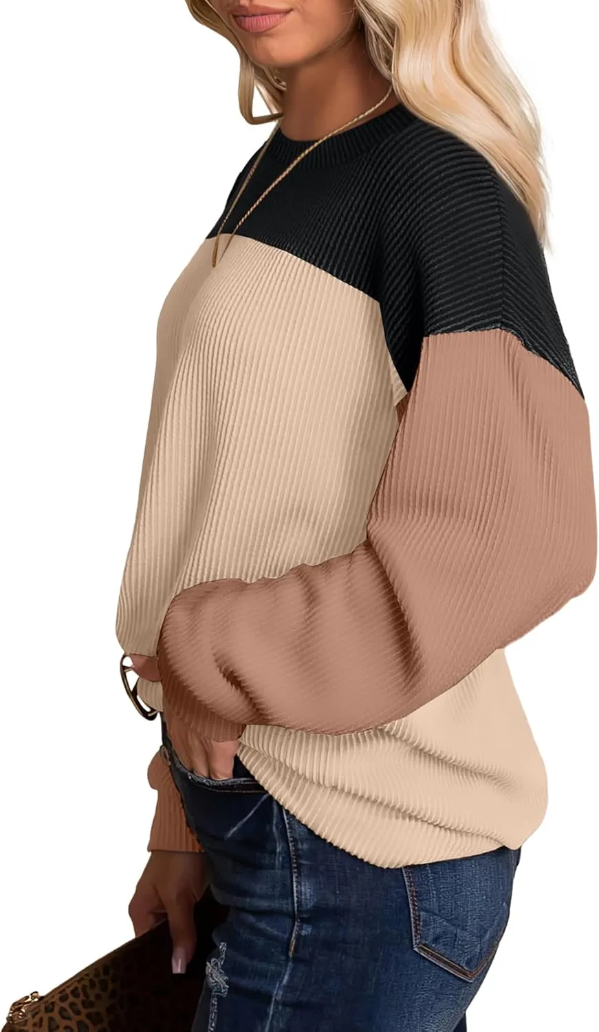 WIHOLL Womens Fall Fashion 2024 Color Block Long Sleeve Crewneck Knitted Ribbed Shirts Tunic Tops Casual Loose Trendy