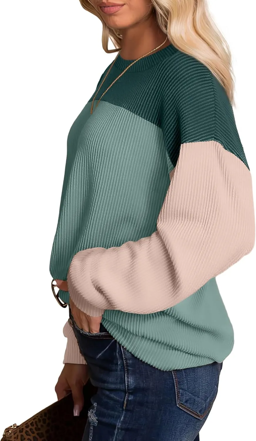 WIHOLL Womens Fall Fashion 2024 Color Block Long Sleeve Crewneck Knitted Ribbed Shirts Tunic Tops Casual Loose Trendy