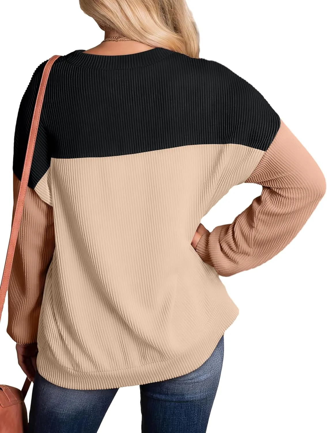 WIHOLL Womens Fall Fashion 2024 Color Block Long Sleeve Crewneck Knitted Ribbed Shirts Tunic Tops Casual Loose Trendy