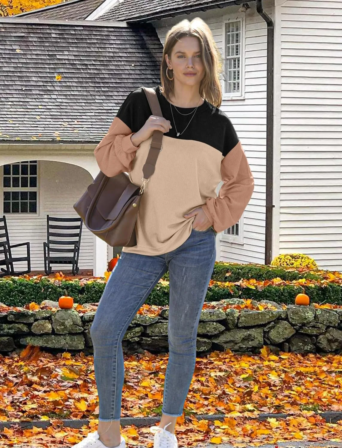 WIHOLL Womens Fall Fashion 2024 Color Block Long Sleeve Crewneck Knitted Ribbed Shirts Tunic Tops Casual Loose Trendy