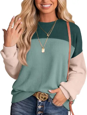 WIHOLL Womens Fall Fashion 2024 Color Block Long Sleeve Crewneck Knitted Ribbed Shirts Tunic Tops Casual Loose Trendy