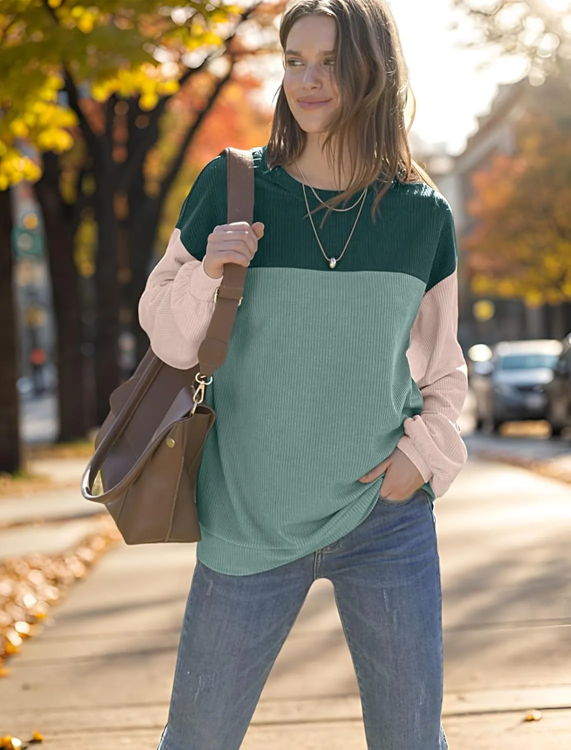 WIHOLL Womens Fall Fashion 2024 Color Block Long Sleeve Crewneck Knitted Ribbed Shirts Tunic Tops Casual Loose Trendy