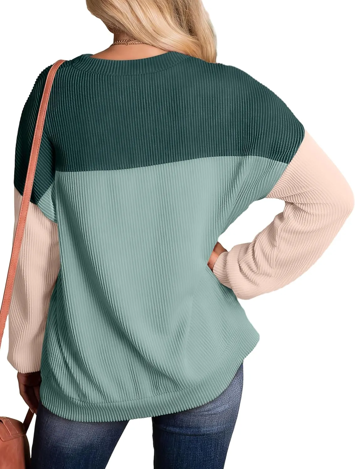 WIHOLL Womens Fall Fashion 2024 Color Block Long Sleeve Crewneck Knitted Ribbed Shirts Tunic Tops Casual Loose Trendy