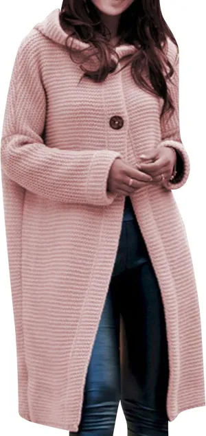 WIWIQS Womens Long Sleeve Fall Solid Color Casual Cardigan Coats Knit Button Down Solid Color Hooded Cardigan