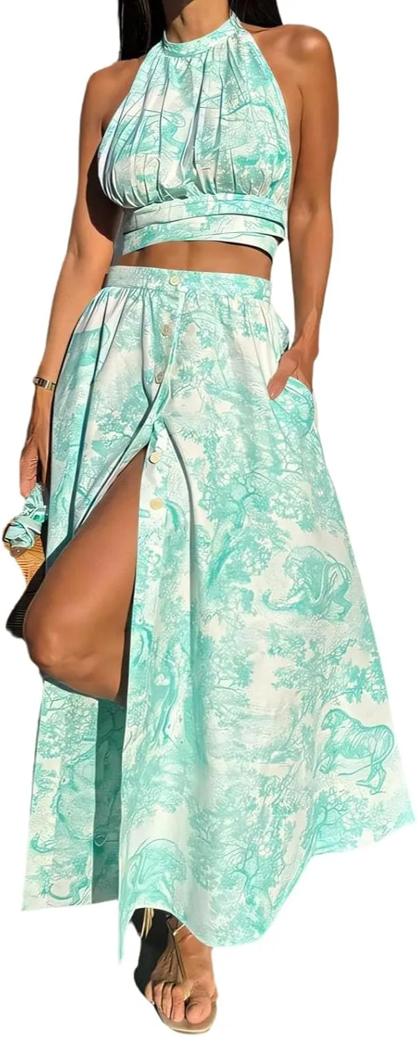 Women 2 Piece Outfits Tie Backless Sexy Top Pockets High Waist Slit Maxi Skirt Vacation 2 Piece Sets for Women