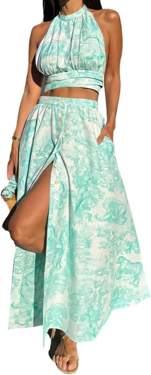 Women 2 Piece Outfits Tie Backless Sexy Top Pockets High Waist Slit Maxi Skirt Vacation 2 Piece Sets for Women