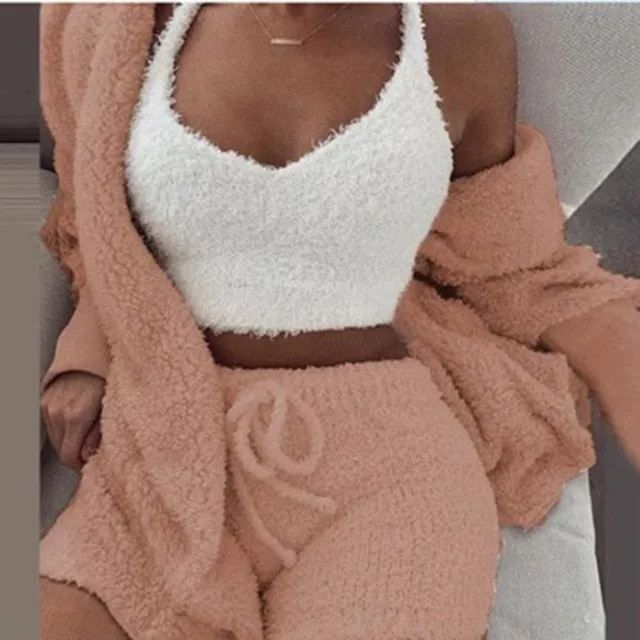 Women 2PCS/Set Sexy Fluffy Velvet Plush Hooded Cardigan Coat Shorts