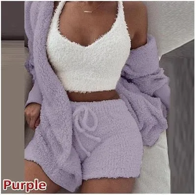 Women 2PCS/Set Sexy Fluffy Velvet Plush Hooded Cardigan Coat Shorts