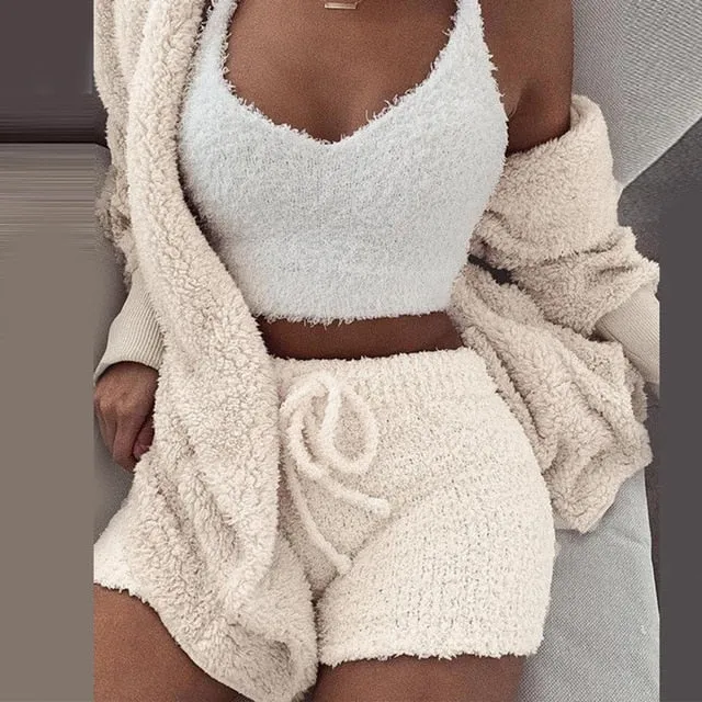 Women 2PCS/Set Sexy Fluffy Velvet Plush Hooded Cardigan Coat Shorts