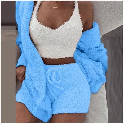 Women 2PCS/Set Sexy Fluffy Velvet Plush Hooded Cardigan Coat Shorts