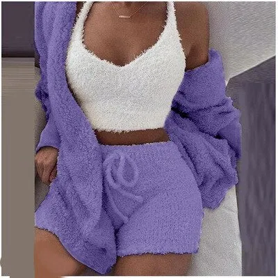 Women 2PCS/Set Sexy Fluffy Velvet Plush Hooded Cardigan Coat Shorts