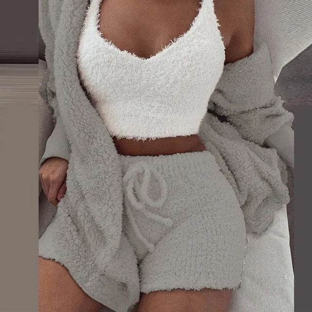 Women 2PCS/Set Sexy Fluffy Velvet Plush Hooded Cardigan Coat Shorts